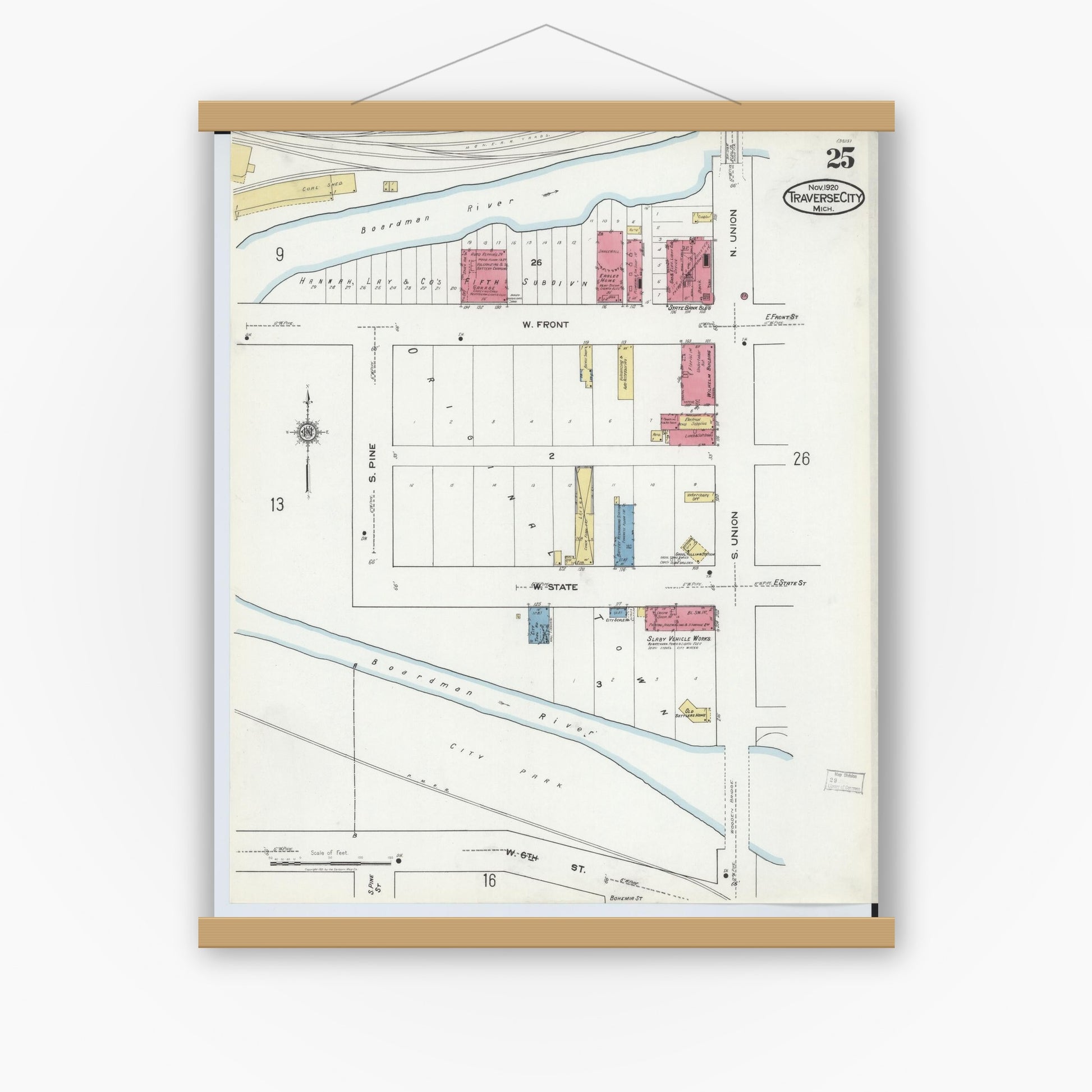 Old map wall art mockup — magnetic wood frame on white wall — Sanborn Fire Insurance Map from Traverse City, Grand Traverse County, Michigan (1920), Sheet #0025