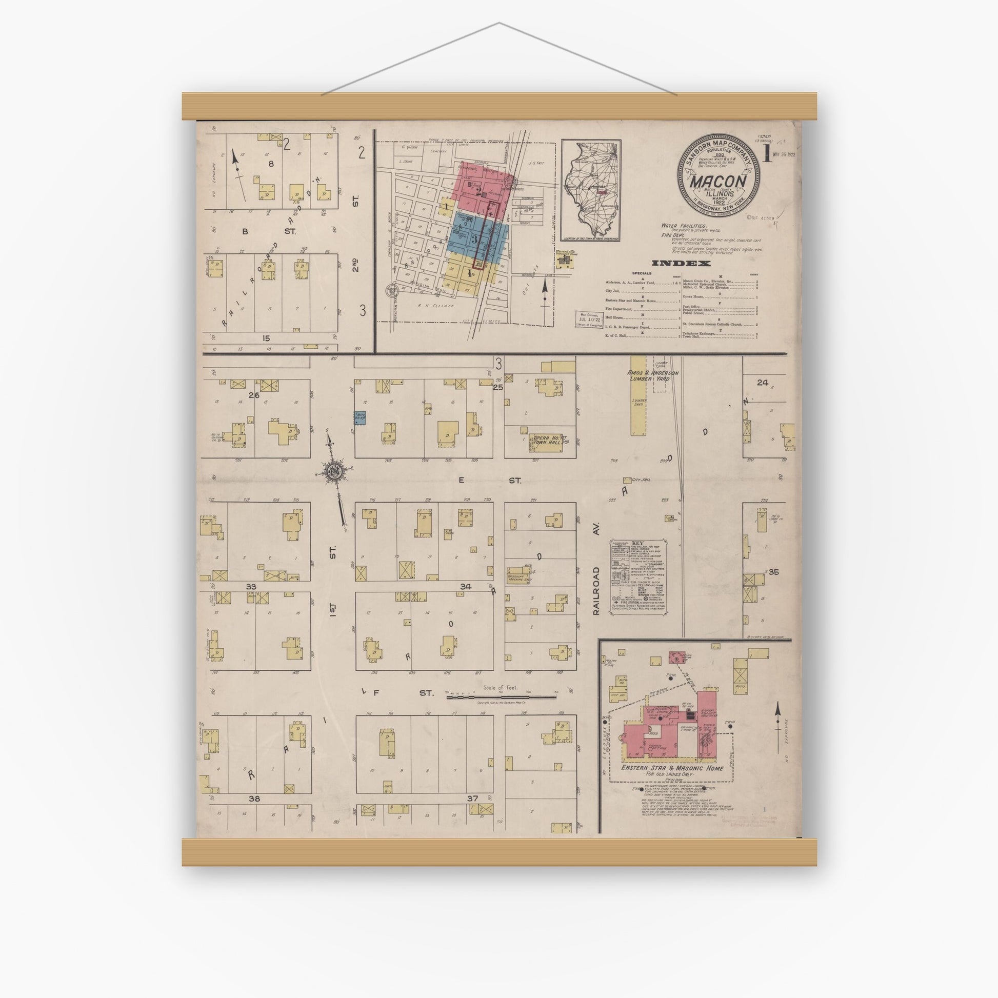 Old map wall art mockup — magnetic wood frame on white wall — Sanborn Fire Insurance Map from Macon, Macon County, Illinois (1922) - Complete Map Set
