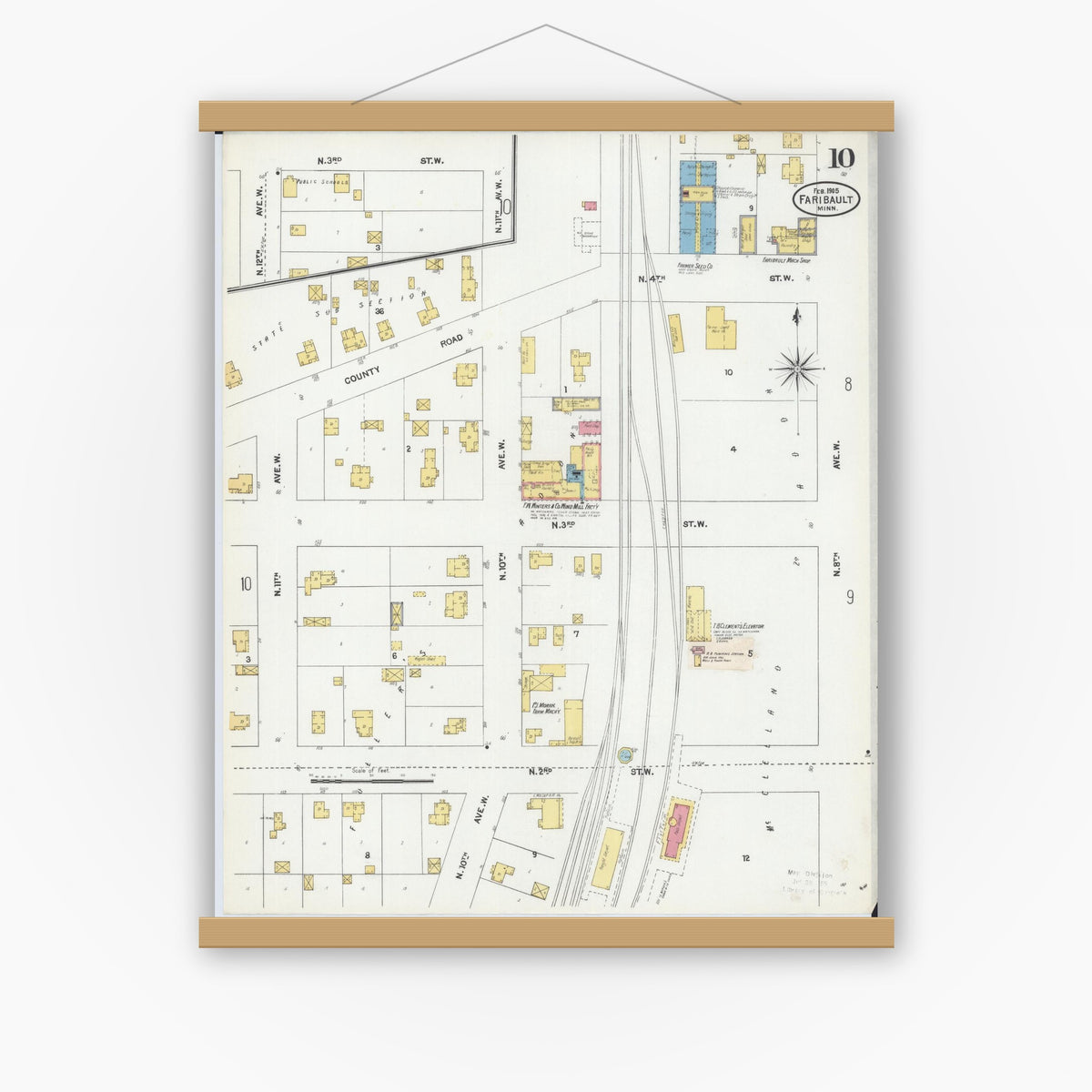 Old map wall art mockup — magnetic wood frame on white wall — Sanborn Fire Insurance Map from Faribault, Rice County, Minnesota (1905), Sheet #0010