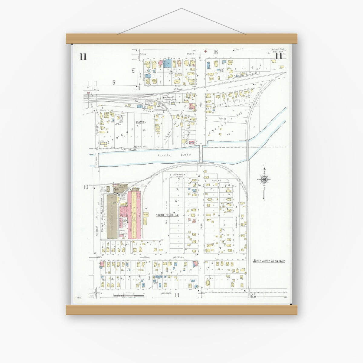 Old map wall art mockup — magnetic wood frame on white wall — Sanborn Fire Insurance Map from Beloit, Rock County, Wisconsin (1939), Sheet #0011