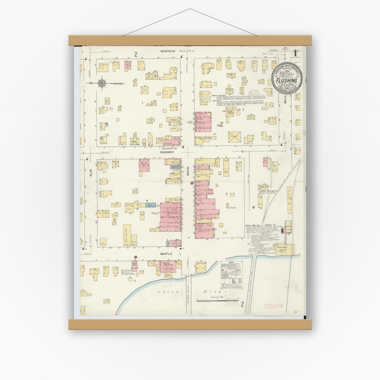 Old map wall art mockup — magnetic wood frame on white wall — Sanborn Fire Insurance Map from Flushing, Genesee County, Michigan (1910), Sheet #0001