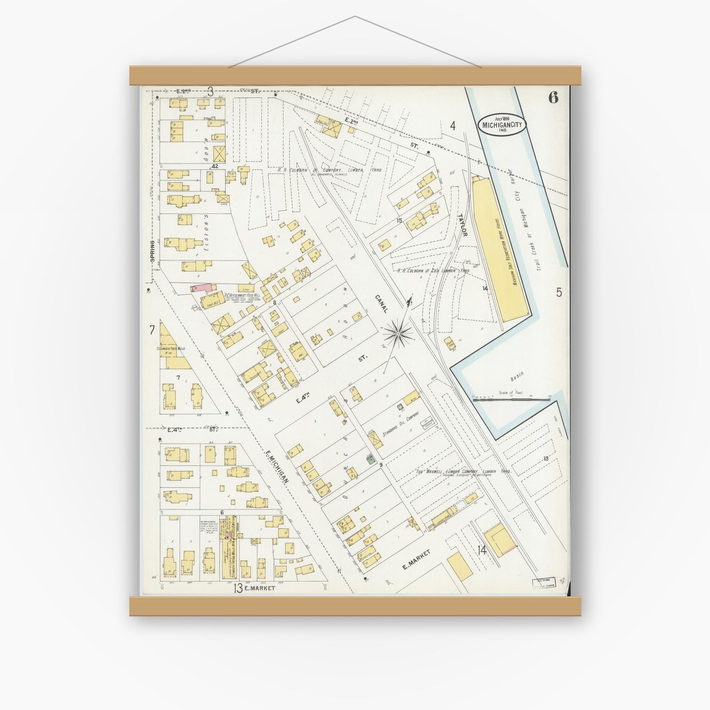 Old map wall art mockup — magnetic wood frame on white wall — Sanborn Fire Insurance Map from Michigan City, La Porte County, Indiana (1899), Sheet #0006