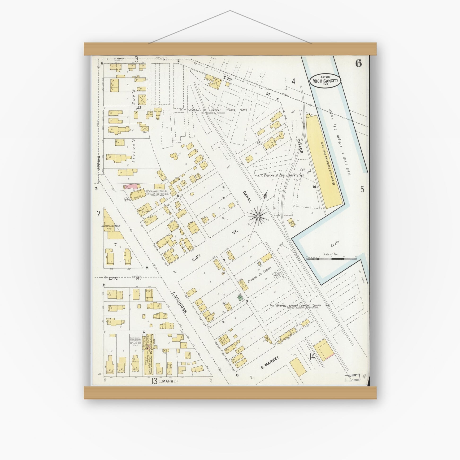 Old map wall art mockup — magnetic wood frame on white wall — Sanborn Fire Insurance Map from Michigan City, La Porte County, Indiana (1899), Sheet #0006
