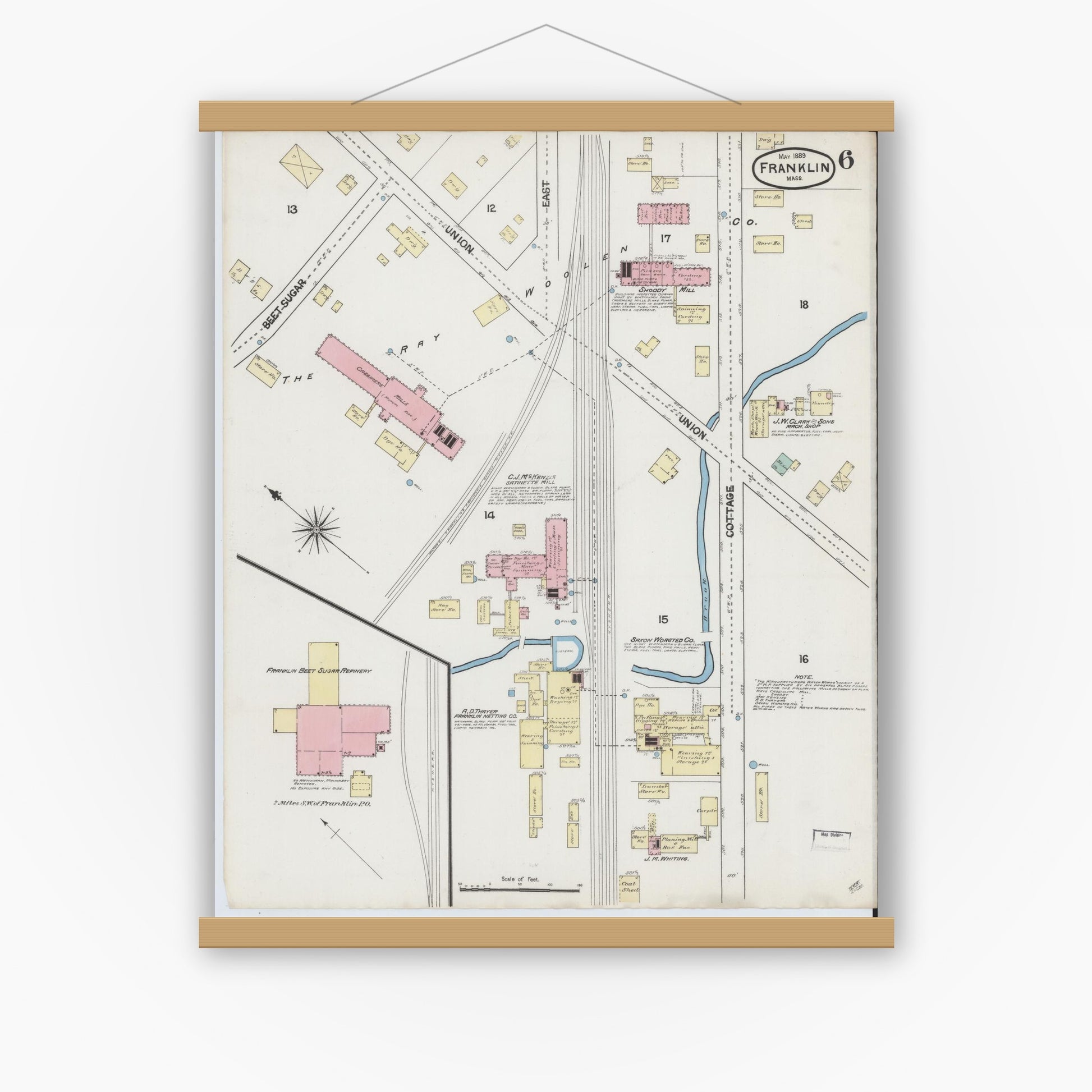 Old map wall art mockup — magnetic wood frame on white wall — Sanborn Fire Insurance Map from Franklin, Norfolk County, Massachusetts (1889), Sheet #0006