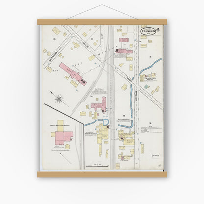 Old map wall art mockup — magnetic wood frame on white wall — Sanborn Fire Insurance Map from Franklin, Norfolk County, Massachusetts (1889), Sheet #0006