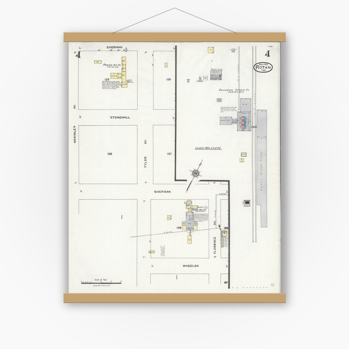 Old map wall art mockup — magnetic wood frame on white wall — Sanborn Fire Insurance Map from Rotan, Fisher County, Texas (1925), Sheet #0004