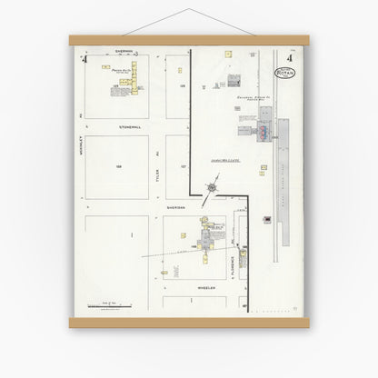 Old map wall art mockup — magnetic wood frame on white wall — Sanborn Fire Insurance Map from Rotan, Fisher County, Texas (1925), Sheet #0004