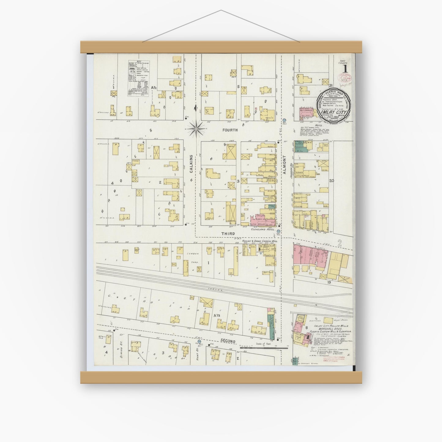 Old map wall art mockup — magnetic wood frame on white wall — Sanborn Fire Insurance Map from Imlay City, Lapeer County, Michigan (1895) - Complete Map Set