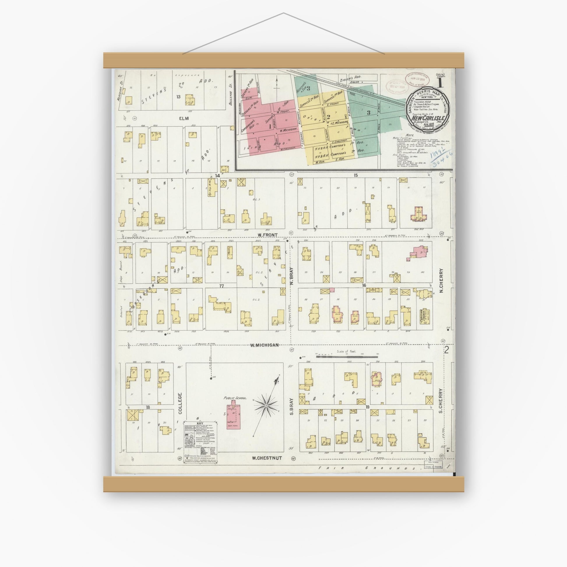 Old map wall art mockup — magnetic wood frame on white wall — Sanborn Fire Insurance Map from New Carlisle, Saint Joseph County, Indiana (1899) - Complete Map Set