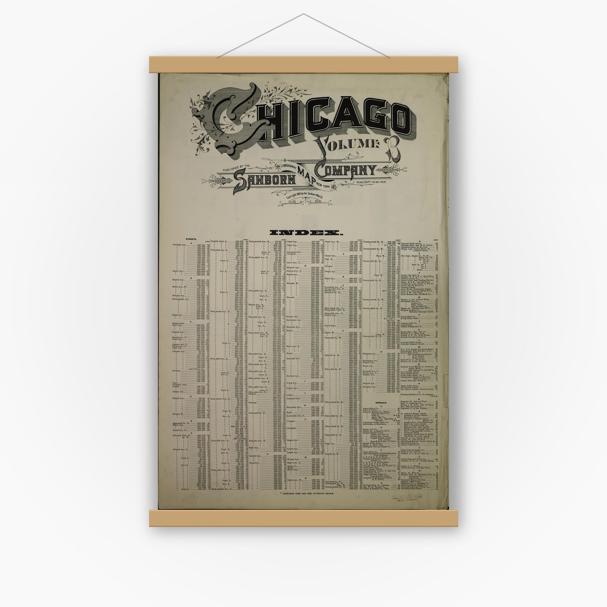 Old map wall art mockup — magnetic wood frame on white wall — Sanborn Fire Insurance Map from Chicago, Cook County, Illinois (1909), Sheet #0001