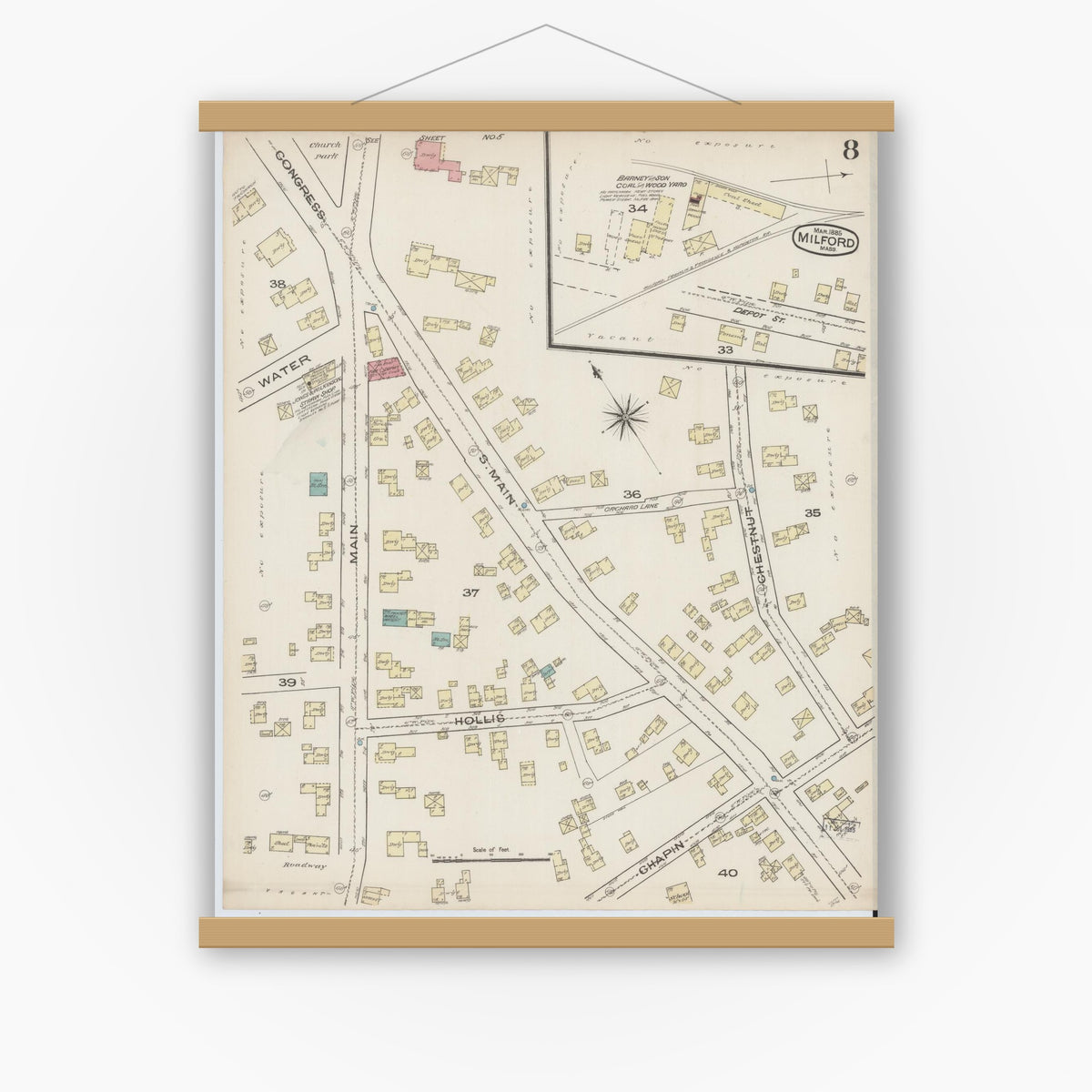 Old map wall art mockup — magnetic wood frame on white wall — Sanborn Fire Insurance Map from Milford, Worcester County, Massachusetts (1885), Sheet #0008