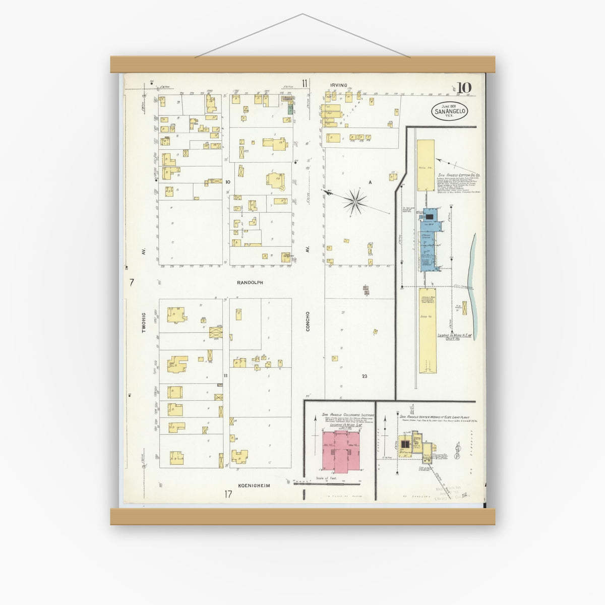 Old map wall art mockup — magnetic wood frame on white wall — Sanborn Fire Insurance Map from San Angelo, Tom Green County, Texas (1908), Sheet #0010
