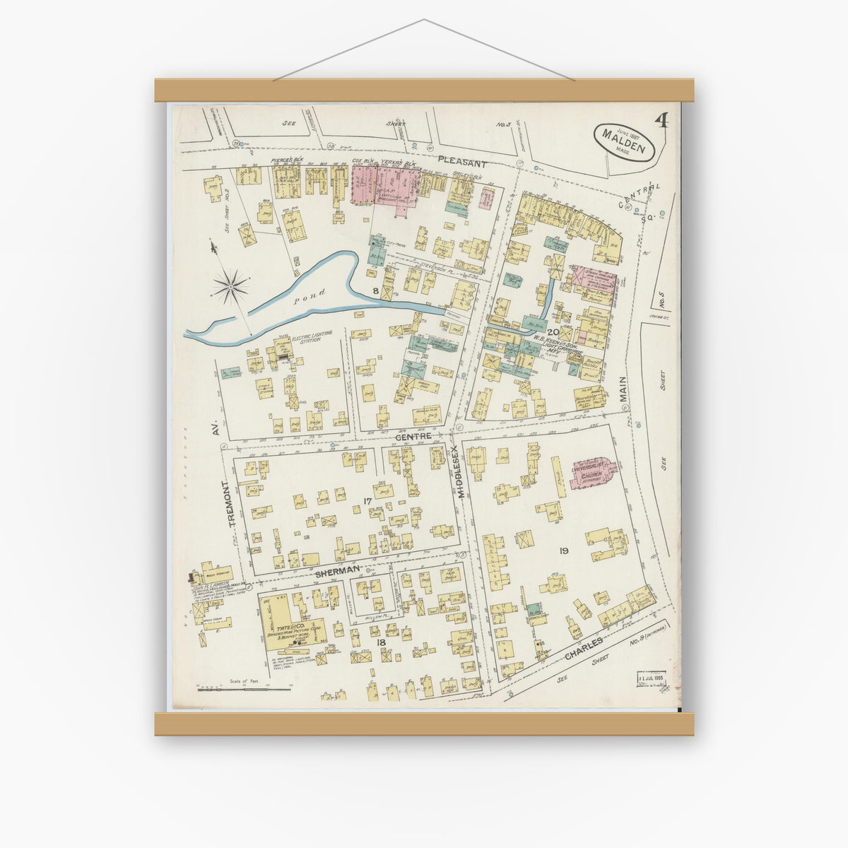 Old map wall art mockup — magnetic wood frame on white wall — Sanborn Fire Insurance Map from Malden, Middlesex County, Massachusetts (1887), Sheet #0004