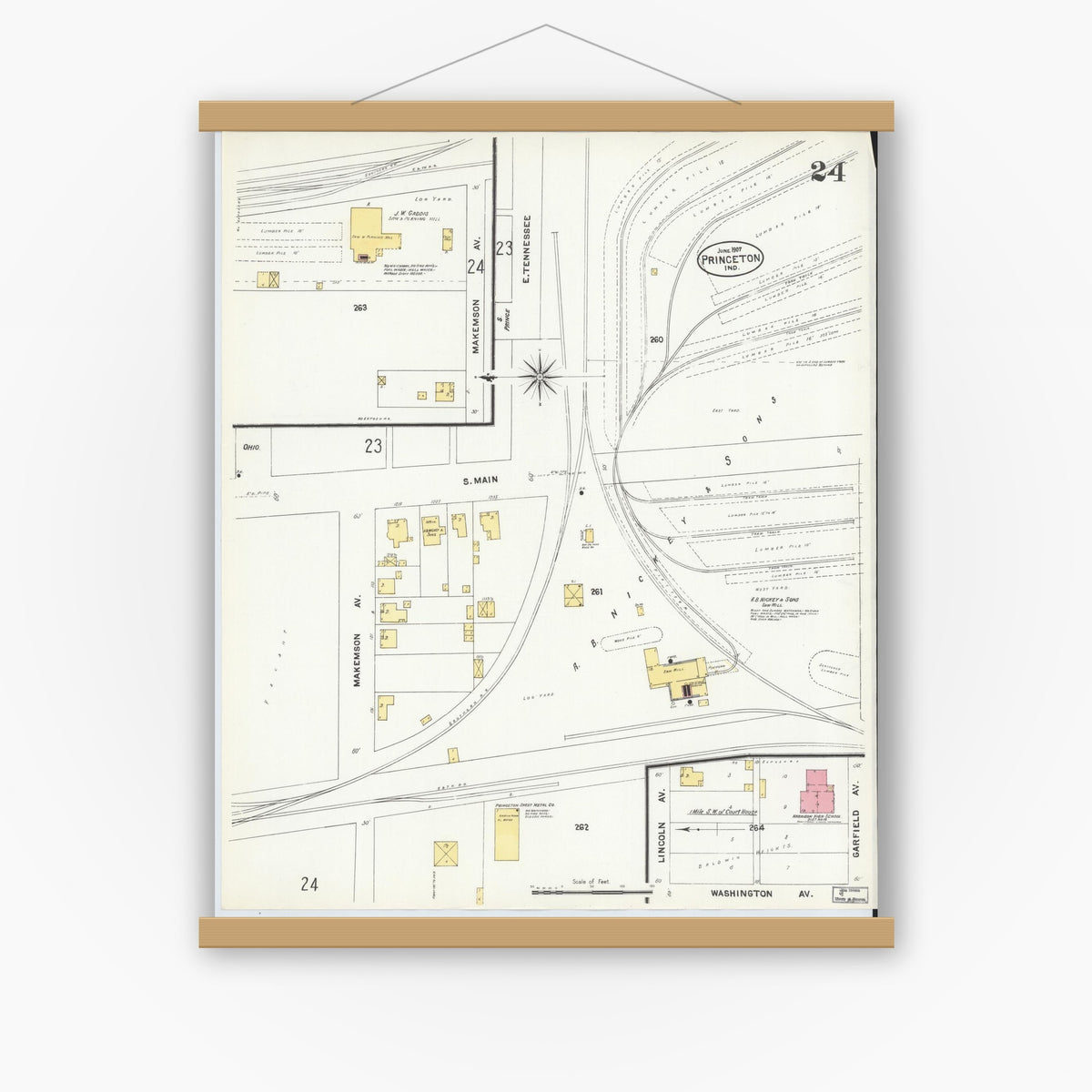 Old map wall art mockup — magnetic wood frame on white wall — Sanborn Fire Insurance Map from Princeton, Gibson County, Indiana (1907), Sheet #0024