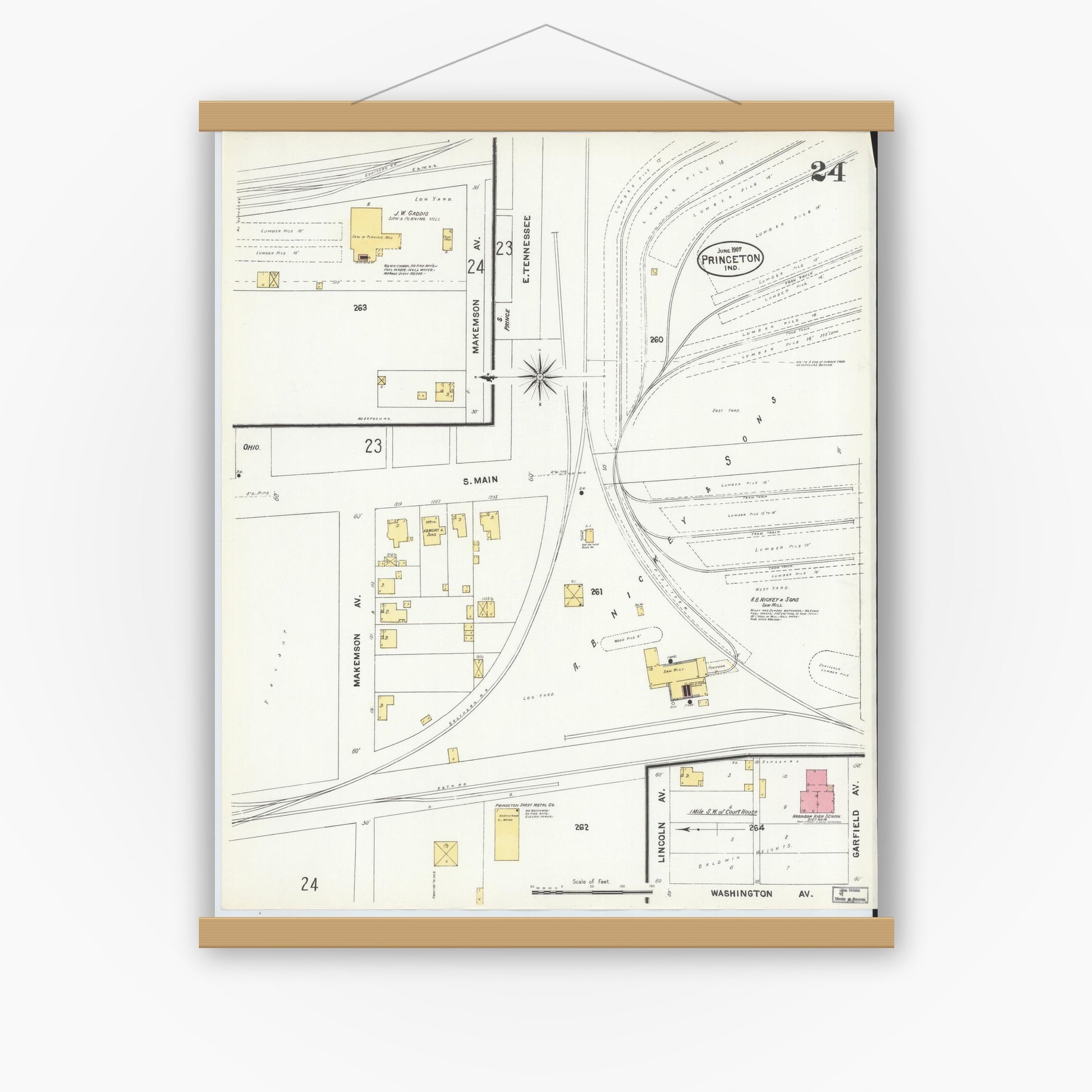 Old map wall art mockup — magnetic wood frame on white wall — Sanborn Fire Insurance Map from Princeton, Gibson County, Indiana (1907), Sheet #0024