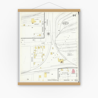 Old map wall art mockup — magnetic wood frame on white wall — Sanborn Fire Insurance Map from Princeton, Gibson County, Indiana (1907), Sheet #0024