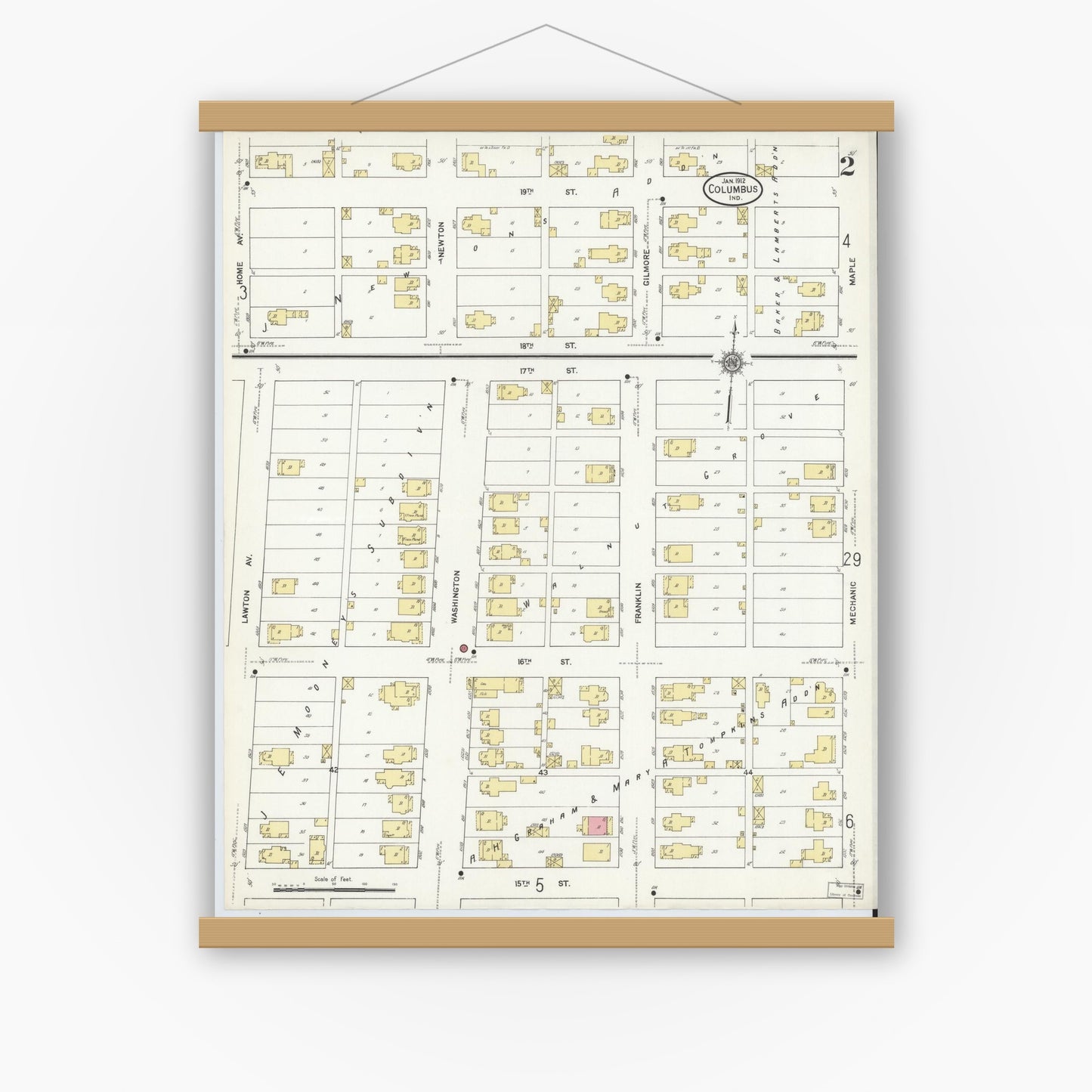 Old map wall art mockup — magnetic wood frame on white wall — Sanborn Fire Insurance Map from Columbus, Bartholomew County, Indiana (1912), Sheet #0002