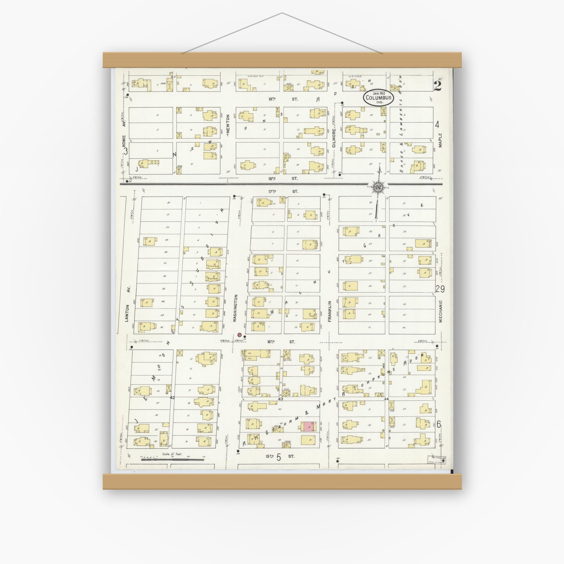 Old map wall art mockup — magnetic wood frame on white wall — Sanborn Fire Insurance Map from Columbus, Bartholomew County, Indiana (1912), Sheet #0002