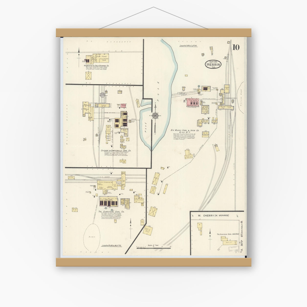 Old map wall art mockup — magnetic wood frame on white wall — Sanborn Fire Insurance Map from Herrin, Williamson County, Illinois (1913), Sheet #0010