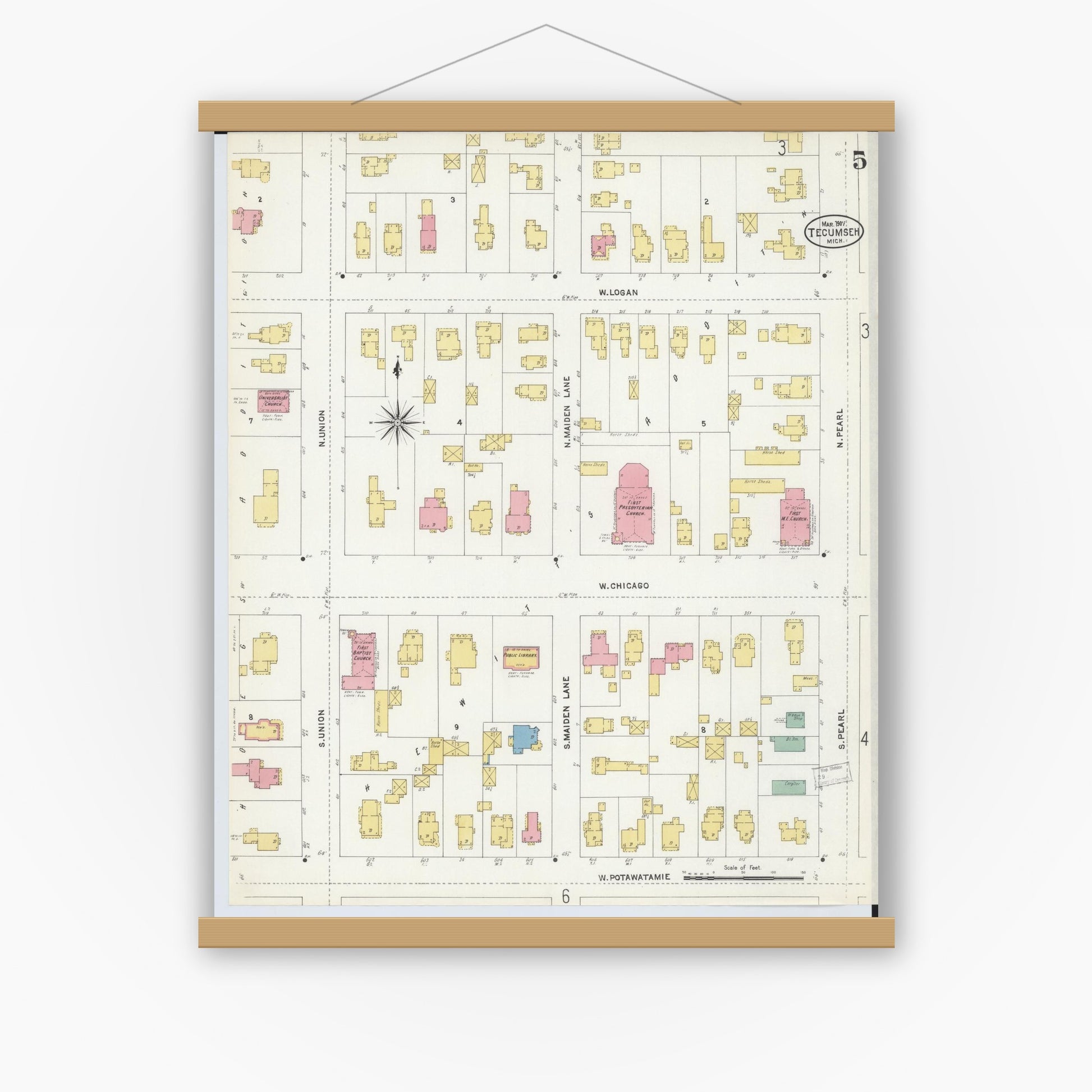 Old map wall art mockup — magnetic wood frame on white wall — Sanborn Fire Insurance Map from Tecumseh, Lenawee County, Michigan (1907), Sheet #0005