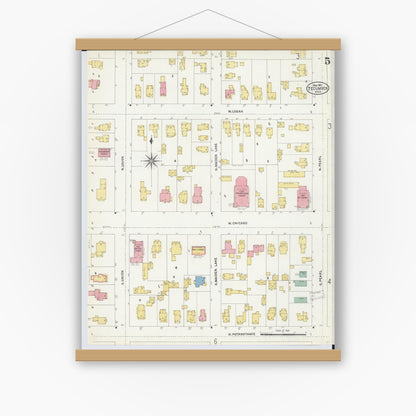 Old map wall art mockup — magnetic wood frame on white wall — Sanborn Fire Insurance Map from Tecumseh, Lenawee County, Michigan (1907), Sheet #0005