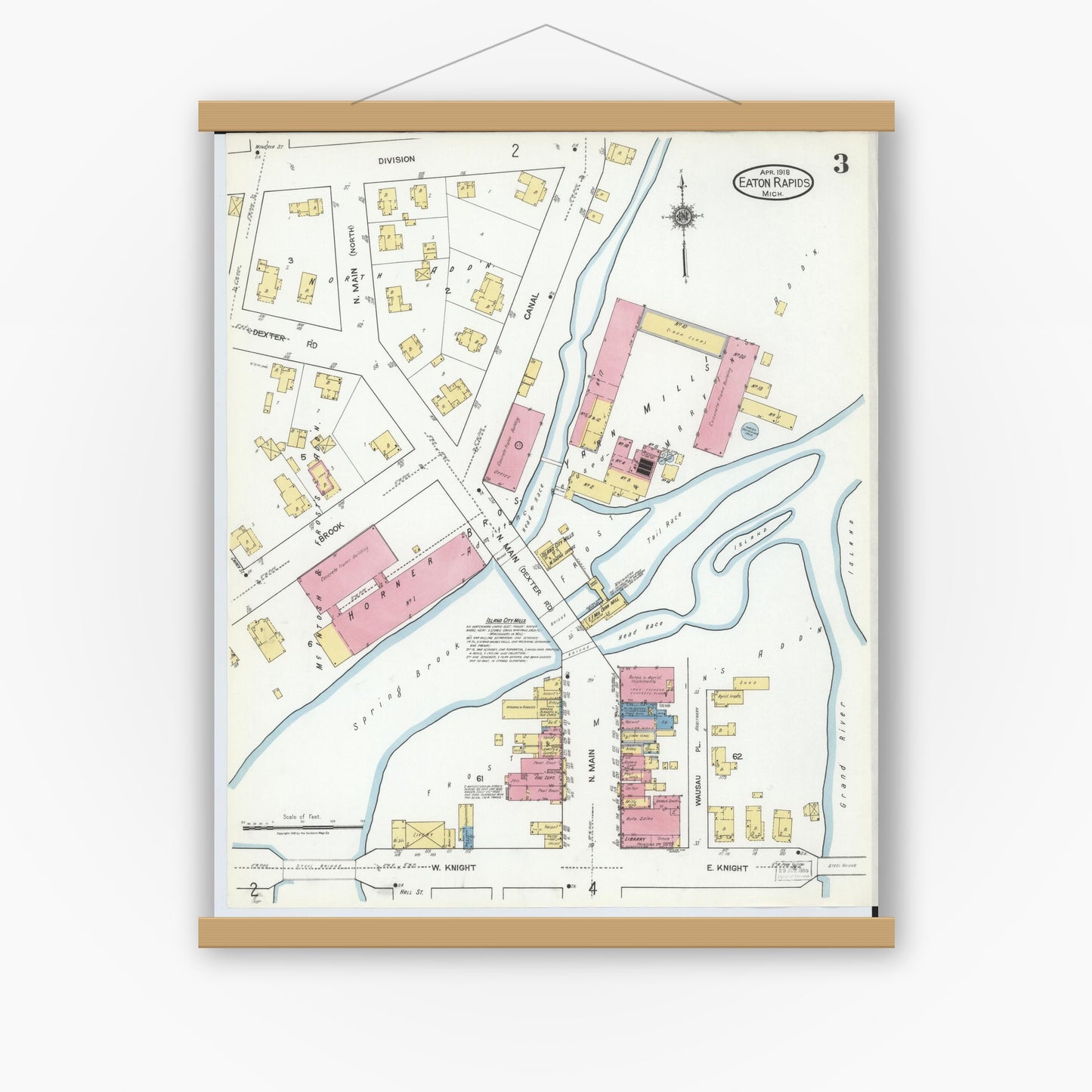 Old map wall art mockup — magnetic wood frame on white wall — Sanborn Fire Insurance Map from Eaton Rapids, Eaton County, Michigan (1918), Sheet #0003