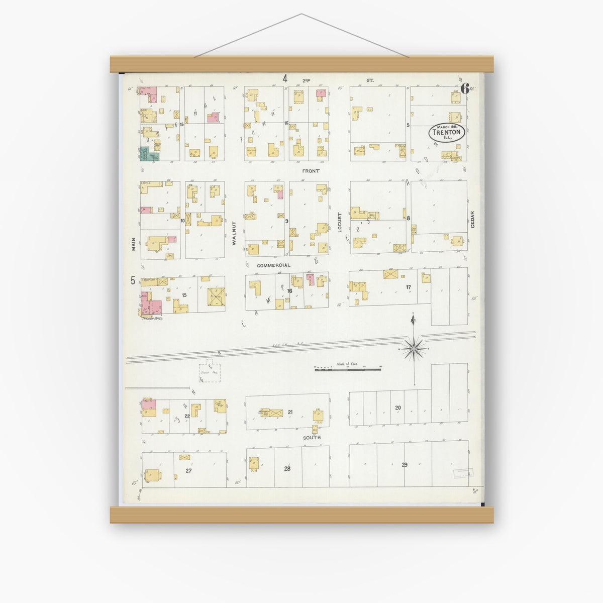 Old map wall art mockup — magnetic wood frame on white wall — Sanborn Fire Insurance Map from Trenton, Clinton County, Illinois (1906), Sheet #0006