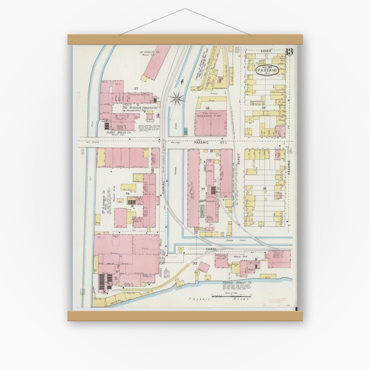 Old map wall art mockup — magnetic wood frame on white wall — Sanborn Fire Insurance Map from Passaic, Passaic County, New Jersey (1894), Sheet #0013