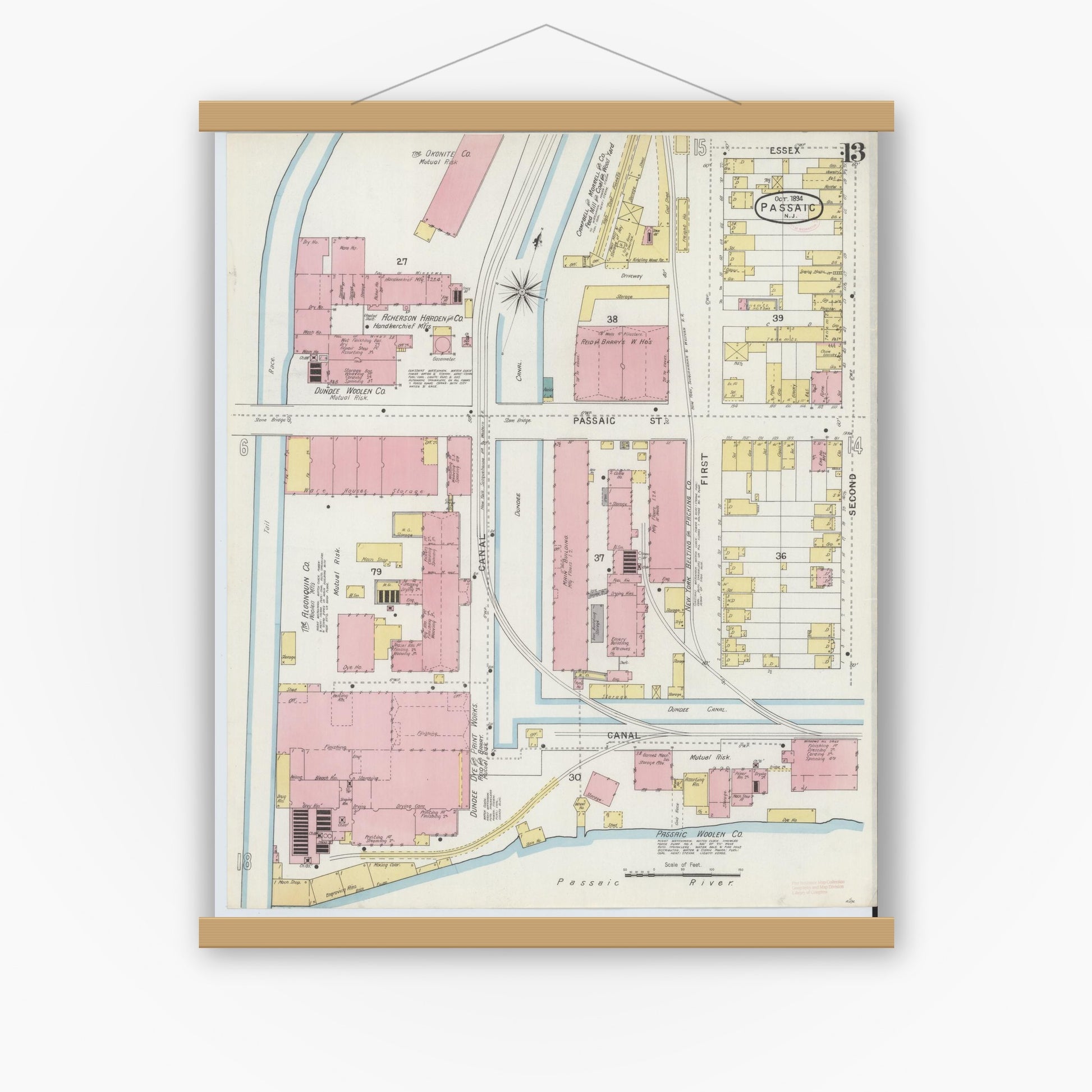 Old map wall art mockup — magnetic wood frame on white wall — Sanborn Fire Insurance Map from Passaic, Passaic County, New Jersey (1894), Sheet #0013