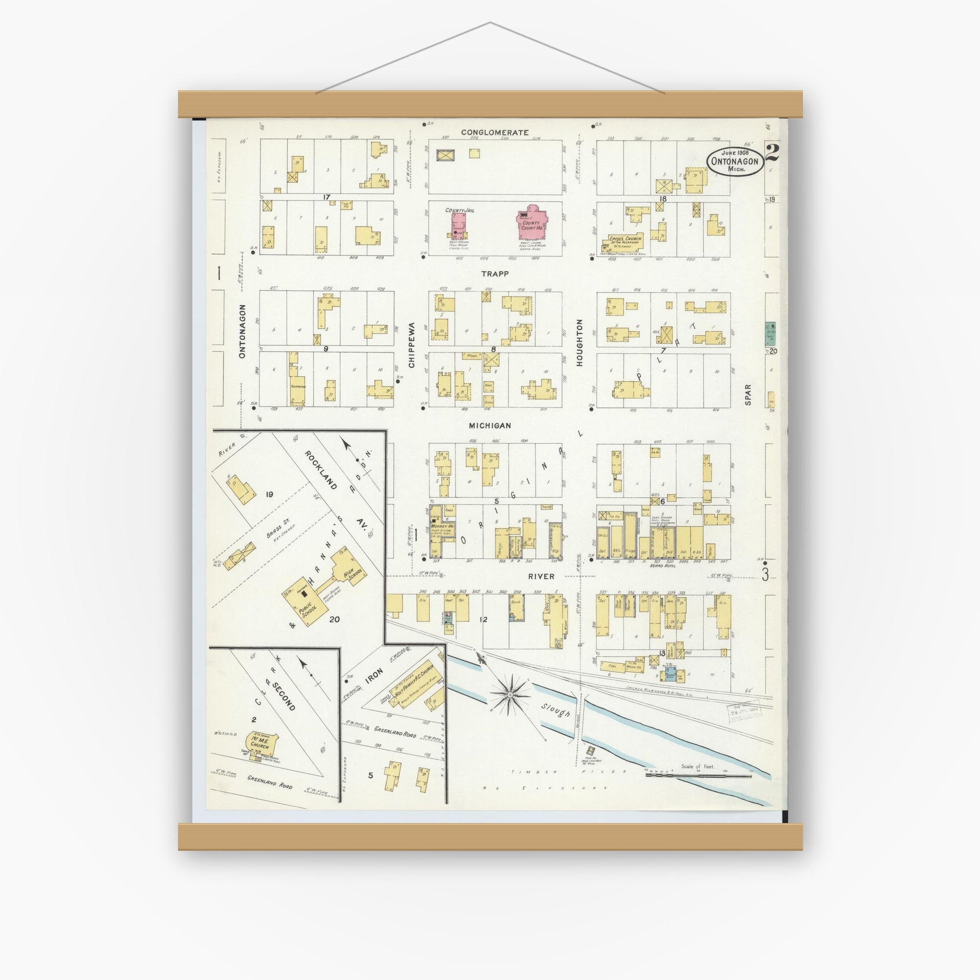 Old map wall art mockup — magnetic wood frame on white wall — Sanborn Fire Insurance Map from Ontonagon, Ontonagon County, Michigan (1908), Sheet #0002