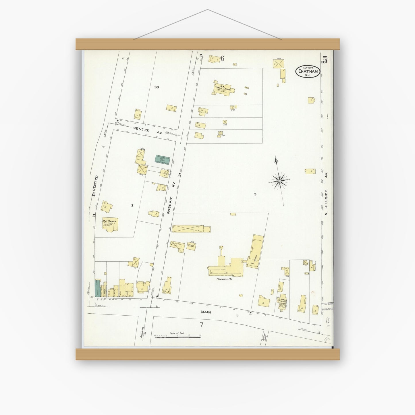 Old map wall art mockup — magnetic wood frame on white wall — Sanborn Fire Insurance Map from Chatham, Morris County, New Jersey (1909), Sheet #0005