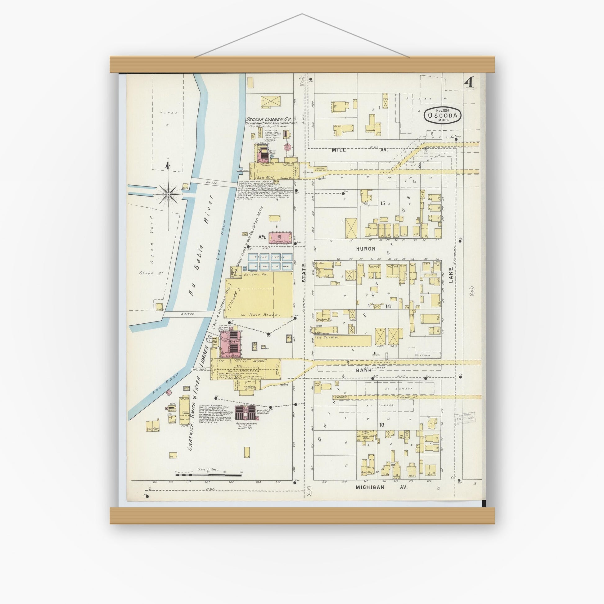Old map wall art mockup — magnetic wood frame on white wall — Sanborn Fire Insurance Map from Oscoda, Iosco County, Michigan (1895), Sheet #0004