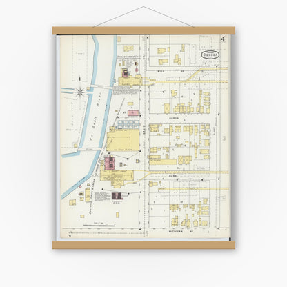 Old map wall art mockup — magnetic wood frame on white wall — Sanborn Fire Insurance Map from Oscoda, Iosco County, Michigan (1895), Sheet #0004