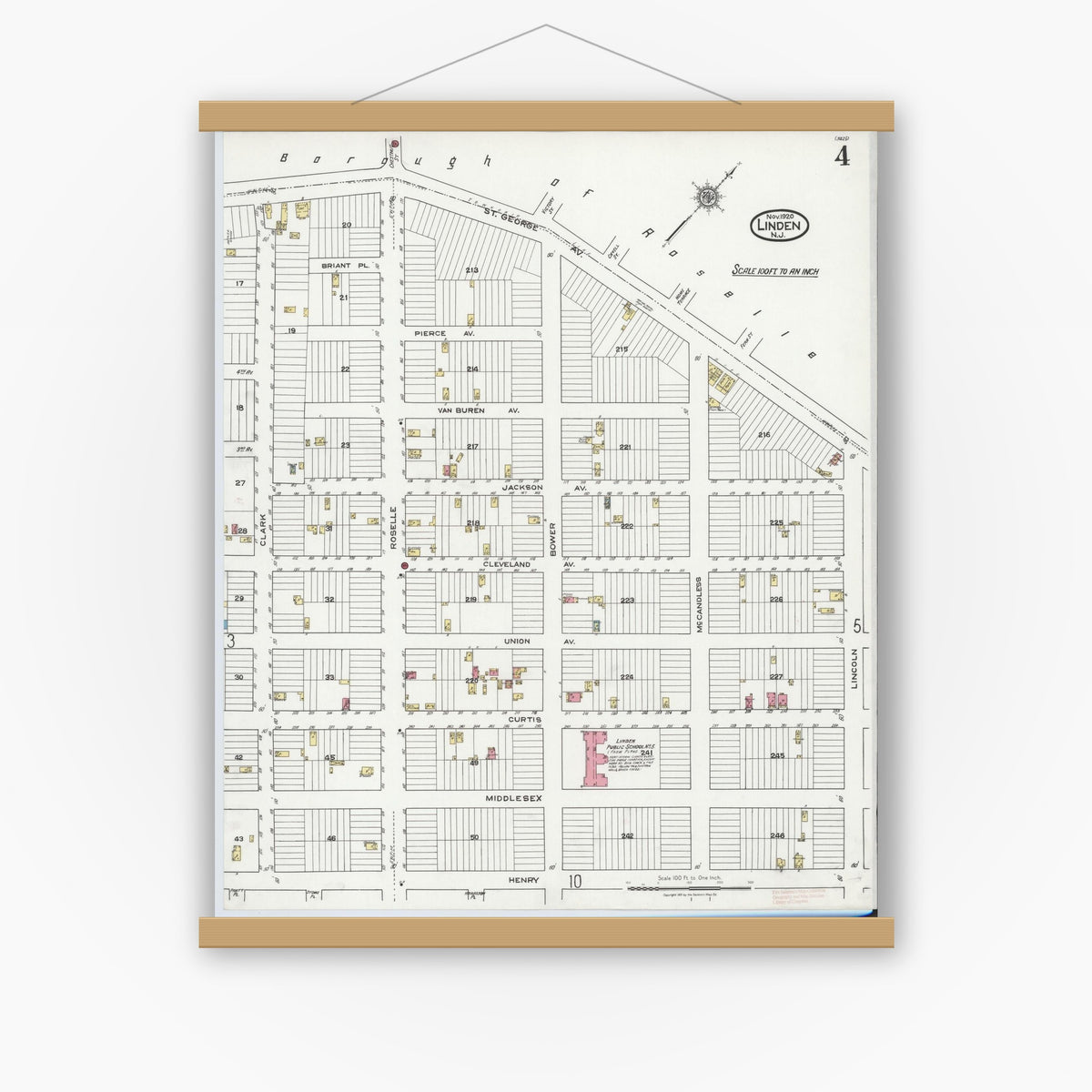 Old map wall art mockup — magnetic wood frame on white wall — Sanborn Fire Insurance Map from Linden, Union County, New Jersey (1920), Sheet #0004