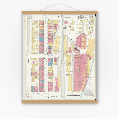 Old map wall art mockup — magnetic wood frame on white wall — Sanborn Fire Insurance Map from Corning, Steuben County, New York (1908), Sheet #0003