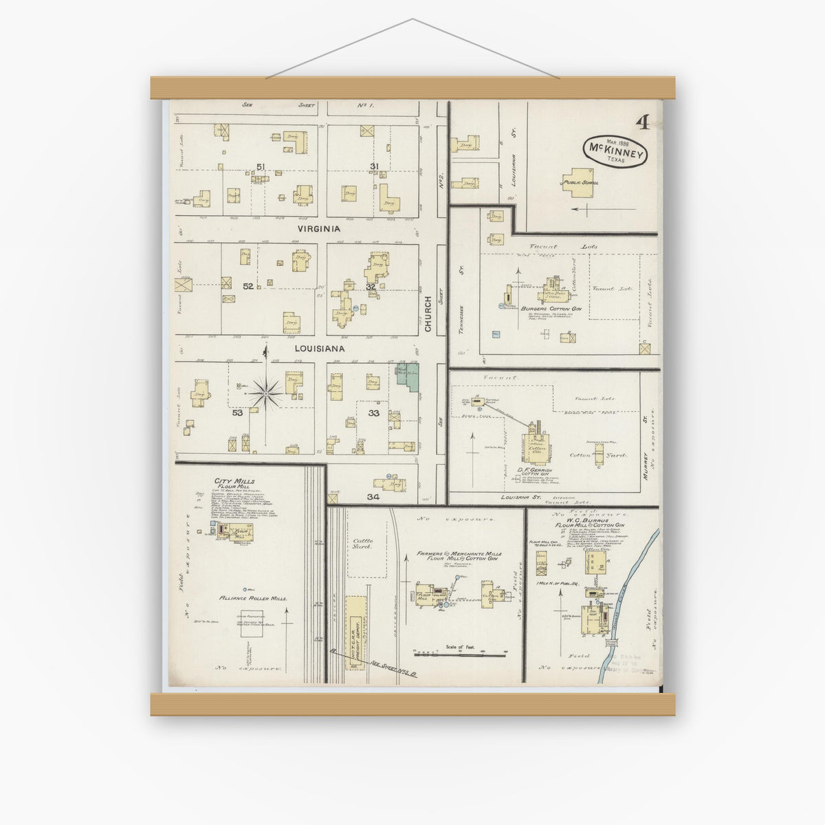 Old map wall art mockup — magnetic wood frame on white wall — Sanborn Fire Insurance Map from McKinney, Collin County, Texas (1888), Sheet #0004