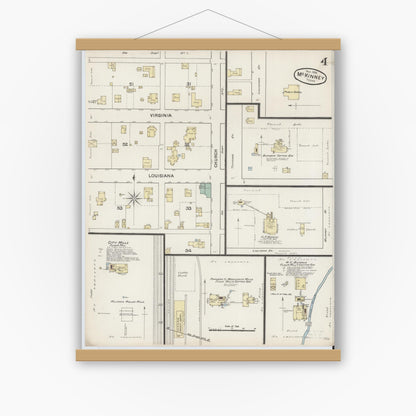 Old map wall art mockup — magnetic wood frame on white wall — Sanborn Fire Insurance Map from McKinney, Collin County, Texas (1888), Sheet #0004