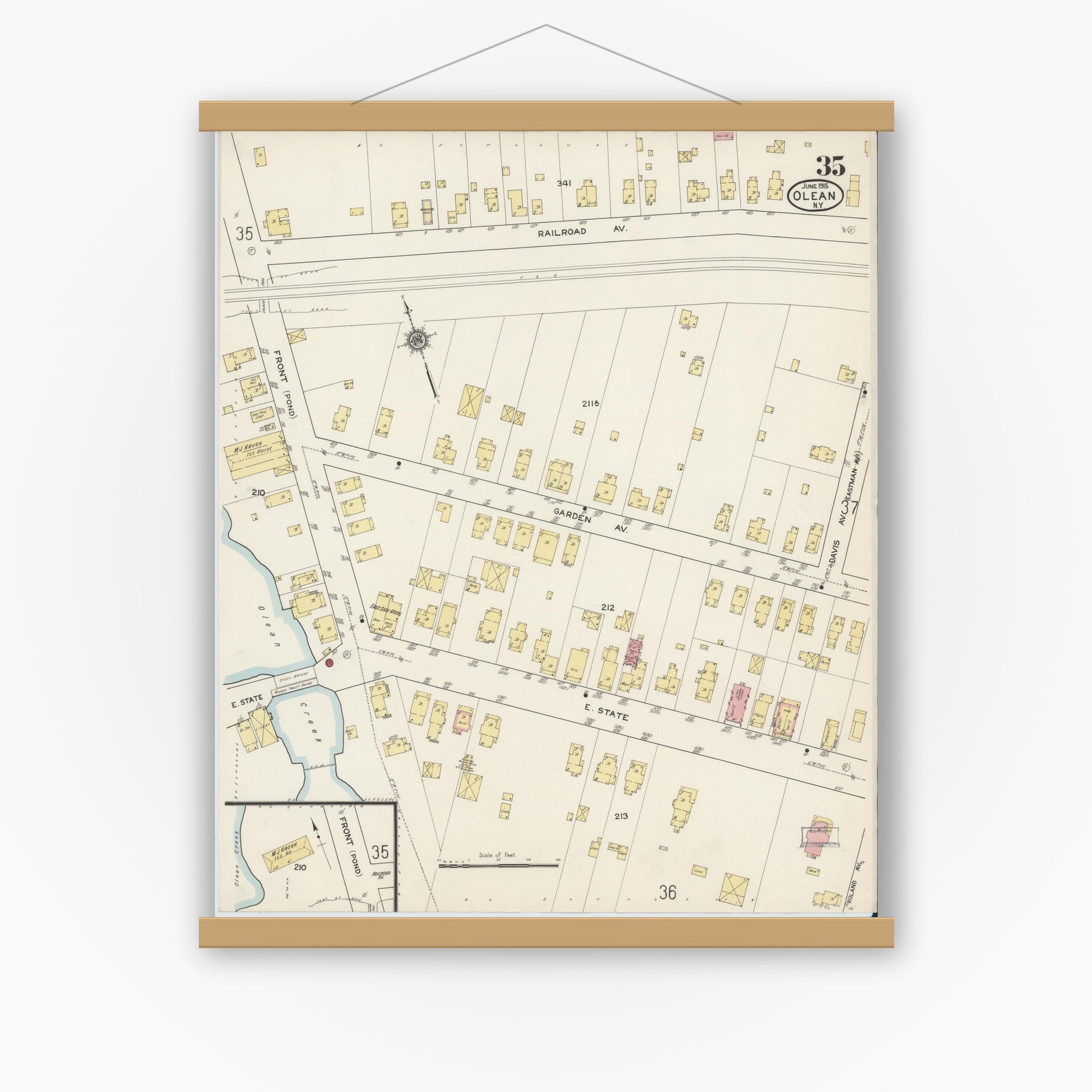 Old map wall art mockup — magnetic wood frame on white wall — Sanborn Fire Insurance Map from Olean, Cattaraugus County, New York (1915), Sheet #0035