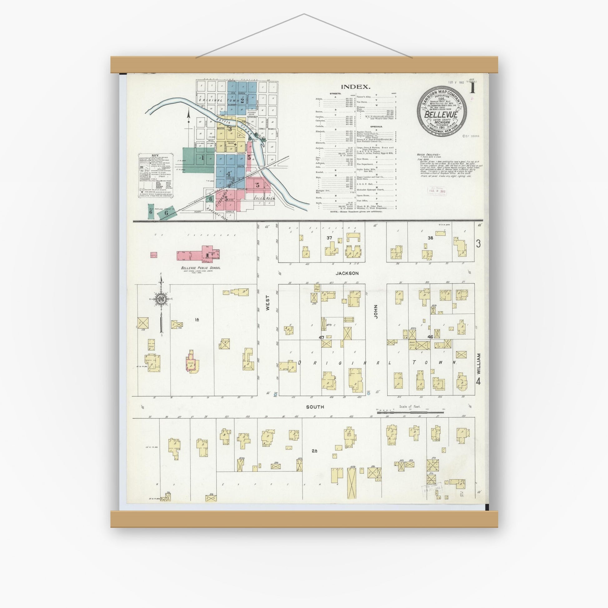Old map wall art mockup — magnetic wood frame on white wall — Sanborn Fire Insurance Map from Bellevue, Eaton County, Michigan (1911) - Complete Map Set
