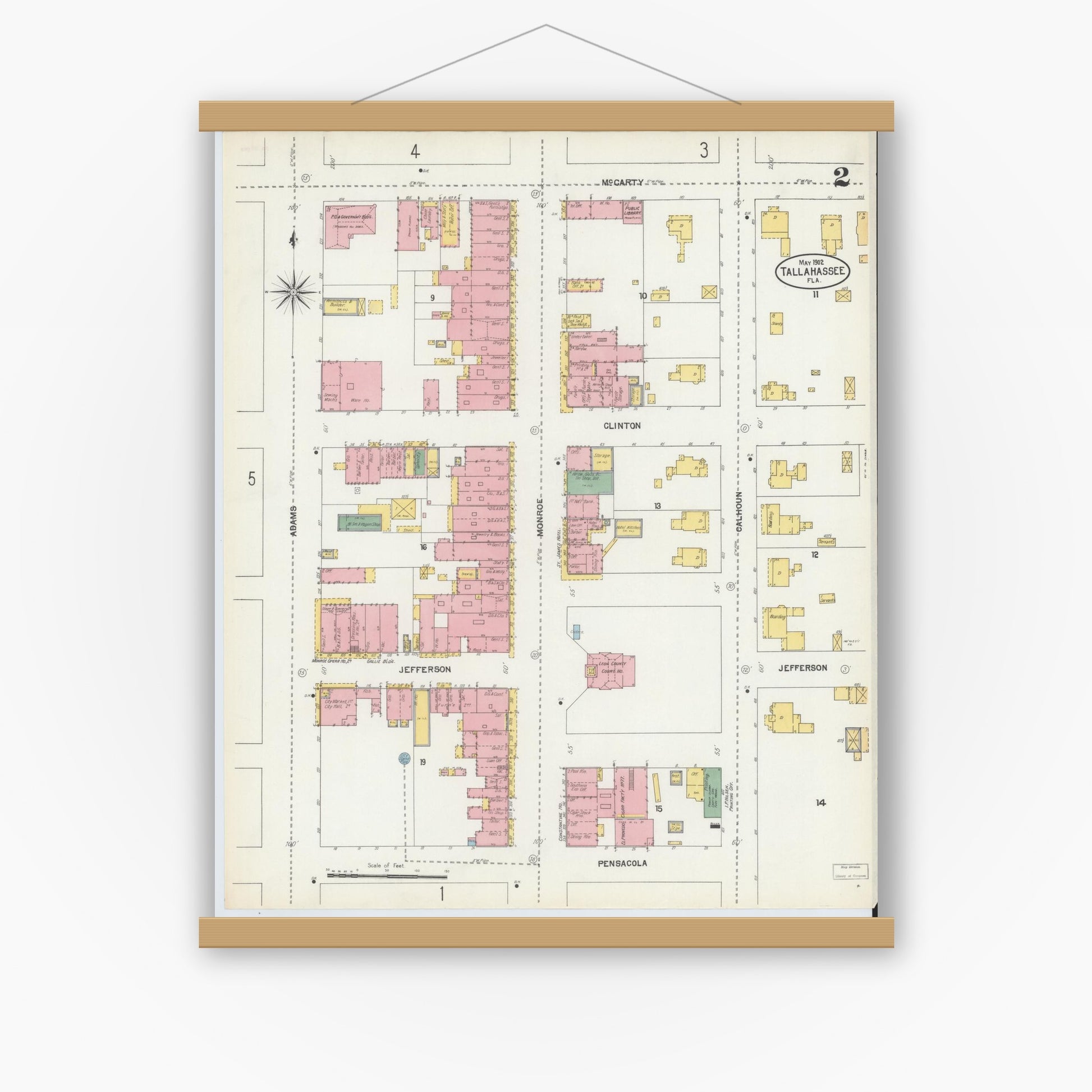 Old map wall art mockup — magnetic wood frame on white wall — Sanborn Fire Insurance Map from Tallahassee, Leon County, Florida (1903), Sheet #0002