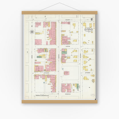 Old map wall art mockup — magnetic wood frame on white wall — Sanborn Fire Insurance Map from Tallahassee, Leon County, Florida (1903), Sheet #0002