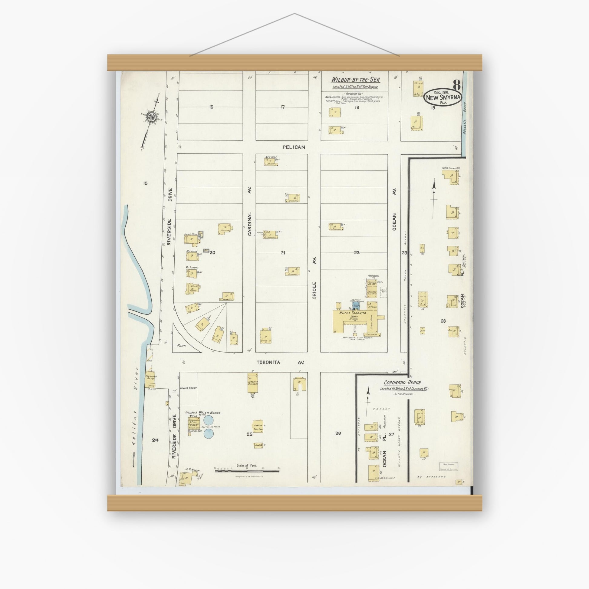 Old map wall art mockup — magnetic wood frame on white wall — Sanborn Fire Insurance Map from New Smyrna, Valusia County, Florida (1916), Sheet #0008