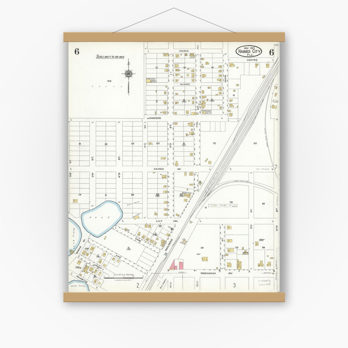 Old map wall art mockup — magnetic wood frame on white wall — Sanborn Fire Insurance Map from Haines City, Polk County, Florida (1923), Sheet #0006