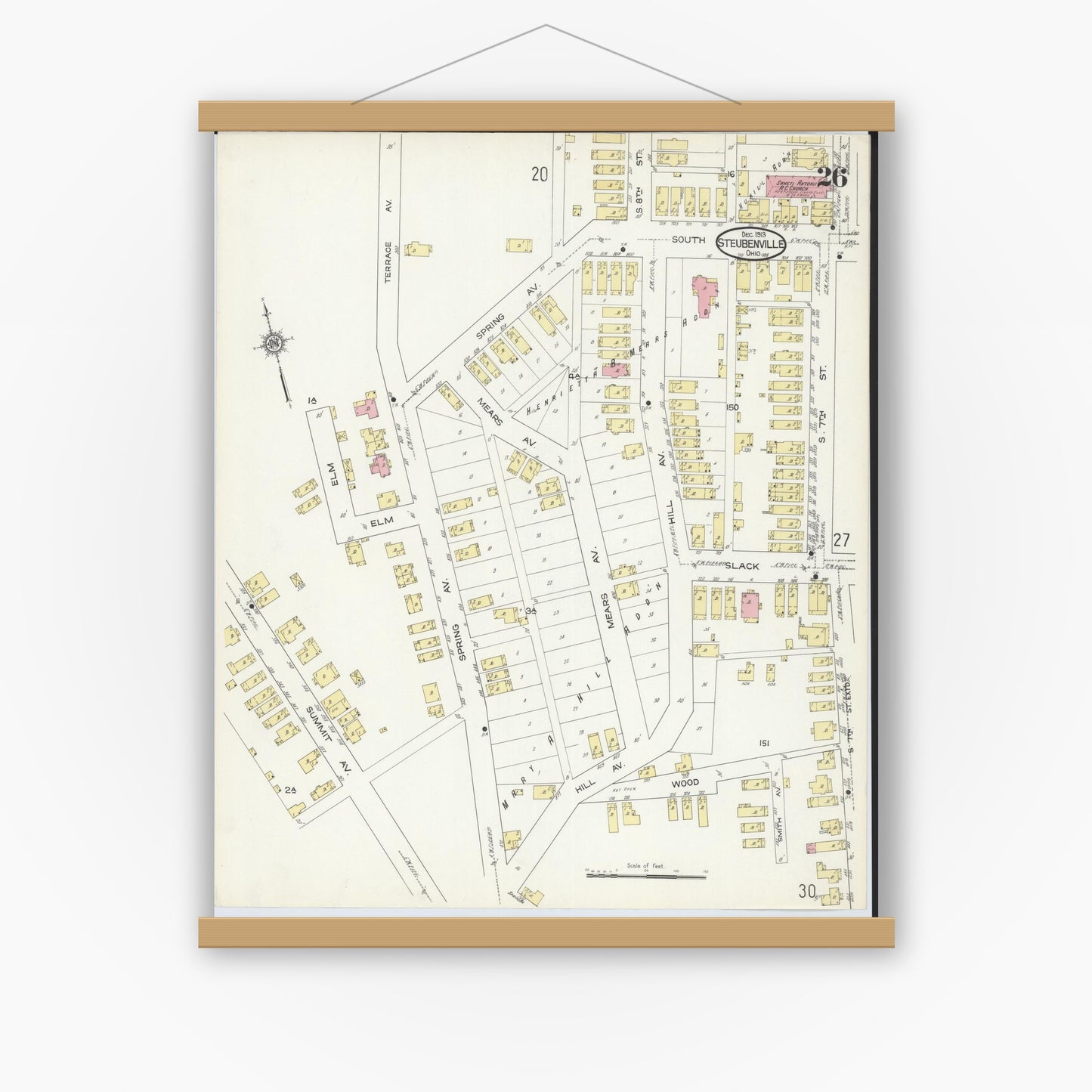 Old map wall art mockup — magnetic wood frame on white wall — Sanborn Fire Insurance Map from Steubenville, Jefferson County, Ohio (1913), Sheet #0026