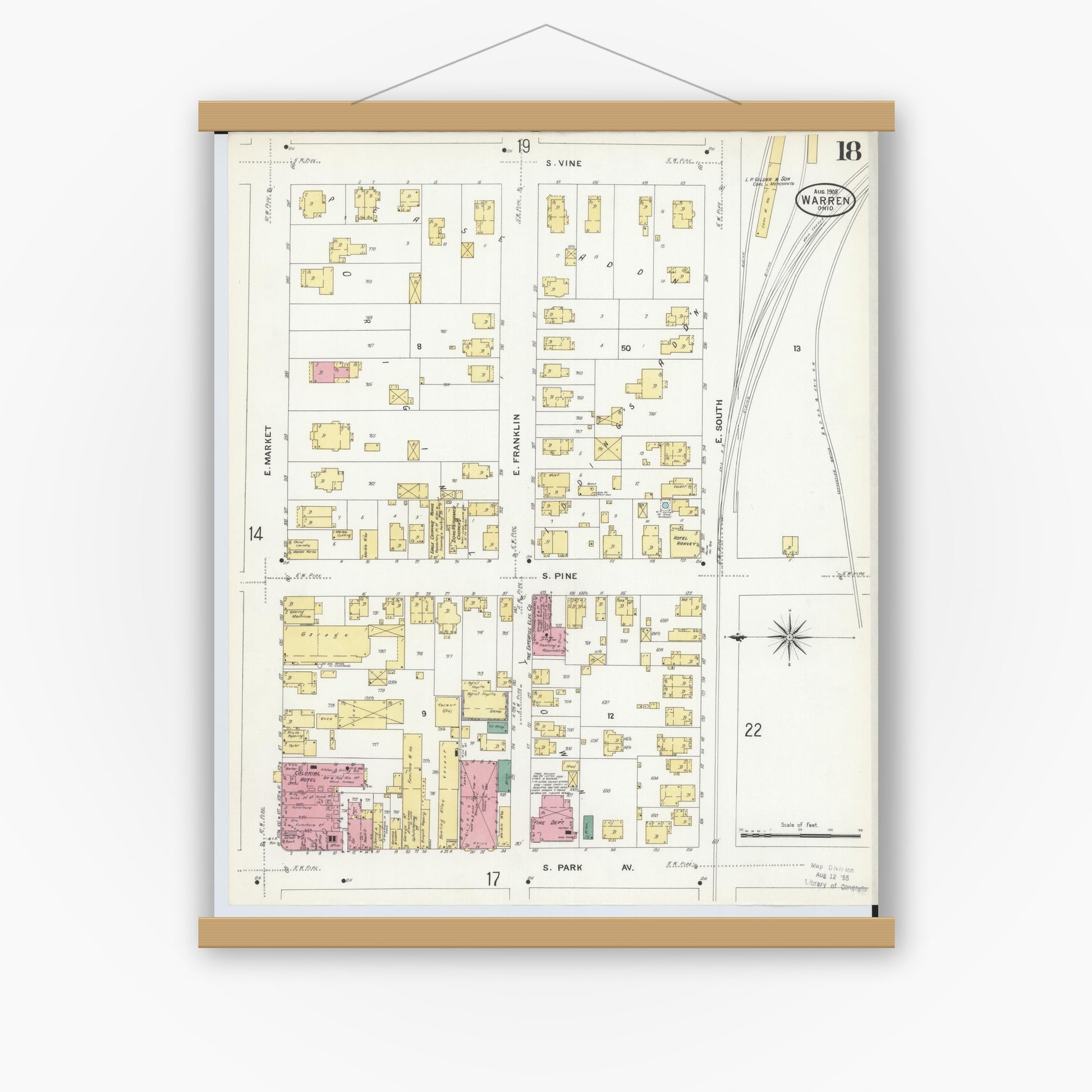 Old map wall art mockup — magnetic wood frame on white wall — Sanborn Fire Insurance Map from Warren, Trumbull County, Ohio (1908), Sheet #0018