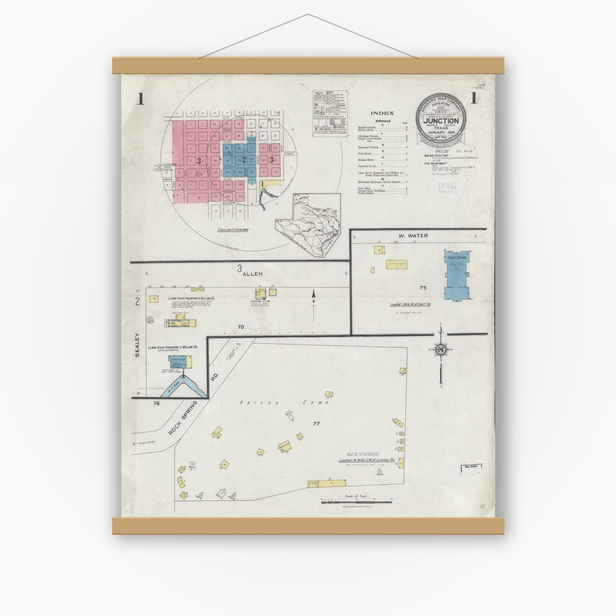 Old map wall art mockup — magnetic wood frame on white wall — Sanborn Fire Insurance Map from Junction, Kimble County, Texas (1926) - Complete Map Set