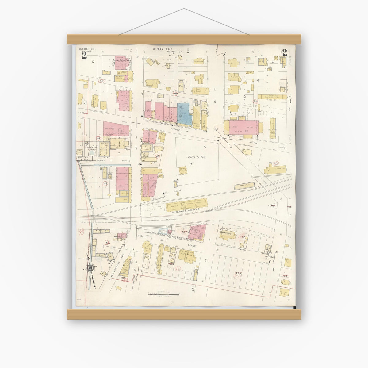 Old map wall art mockup — magnetic wood frame on white wall — Sanborn Fire Insurance Map from Silsbee, Hardin County, Texas (1942), Sheet #0002