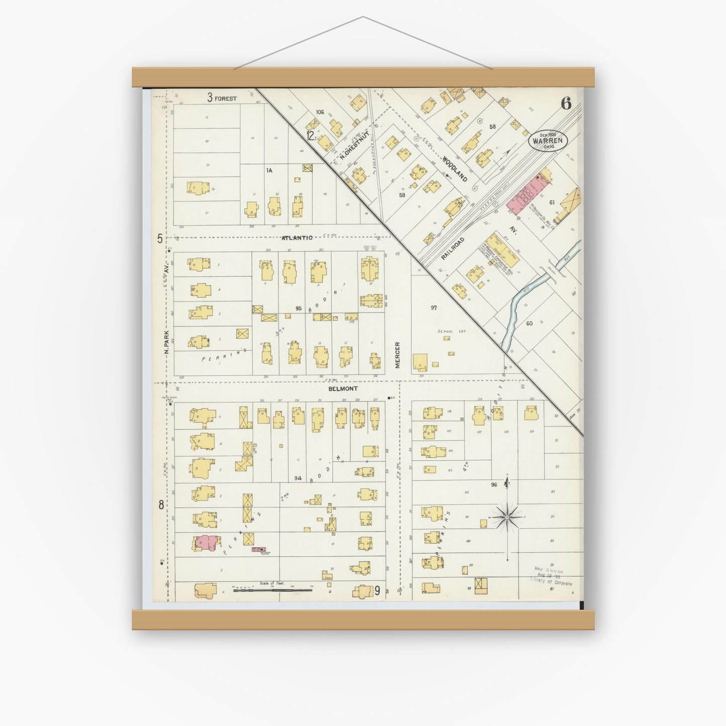 Old map wall art mockup — magnetic wood frame on white wall — Sanborn Fire Insurance Map from Warren, Trumbull County, Ohio (1902), Sheet #0006