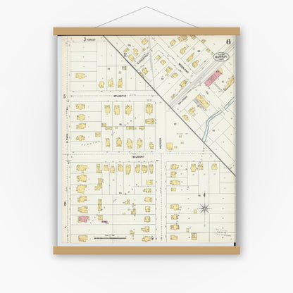 Old map wall art mockup — magnetic wood frame on white wall — Sanborn Fire Insurance Map from Warren, Trumbull County, Ohio (1902), Sheet #0006