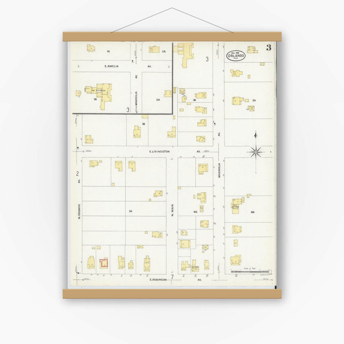Old map wall art mockup — magnetic wood frame on white wall — Sanborn Fire Insurance Map from Orlando, Orange County, Florida (1908), Sheet #0003